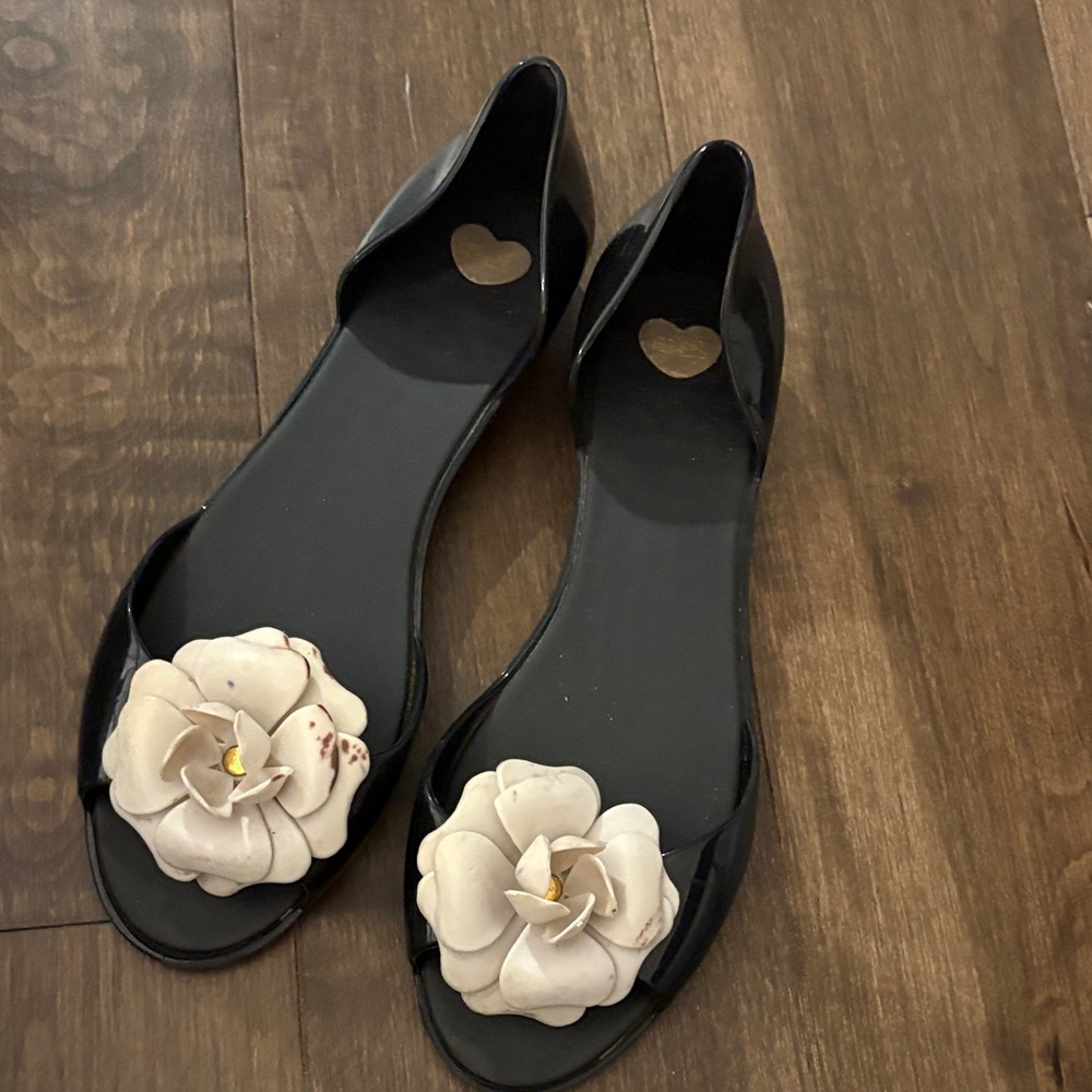 Mel by Melissa Black Flats with Cream Floral Design
